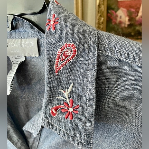 Sag Harbor Sport 3/4 sleeve embroidered denim chambray button top XL blue - Picture 4 of 9